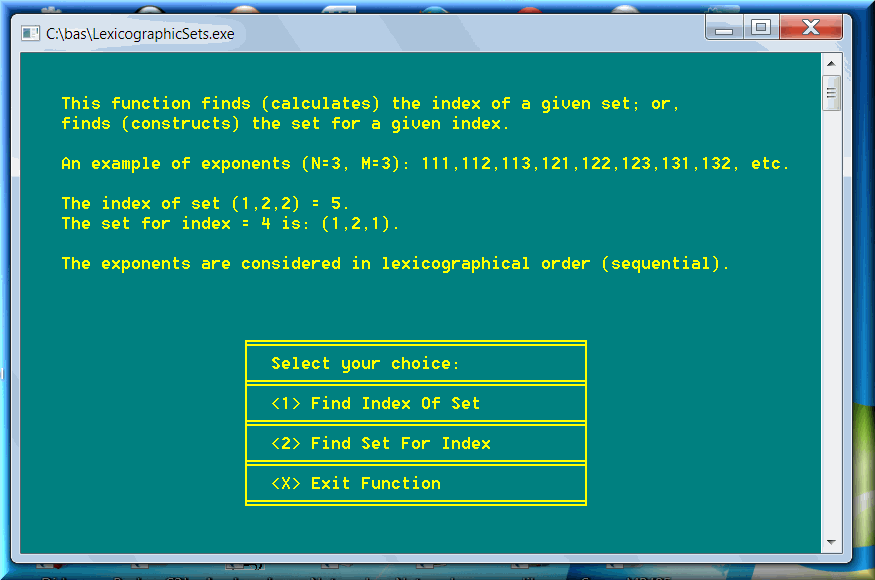 Apply lexicographic ordering, ranking to the exponential sets or exponents.