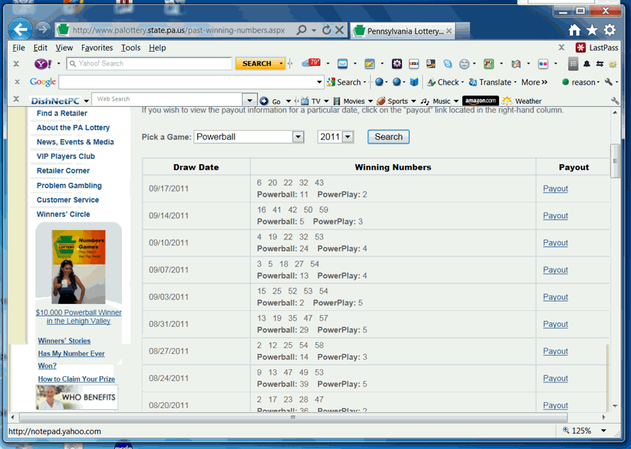 State lottery commissions publish their past winning numbers, draws, drawings, results on Internet.