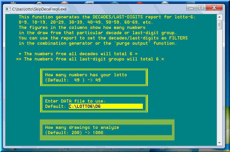 Lottery software generates winning combinations for lotto decades and last digits.