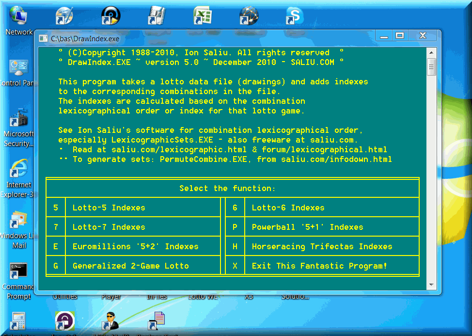 Generate exponents, permutations, arrangements, combinations, Powerball, Mega Millions, Euromillions, generalized 2-game lotto sets.