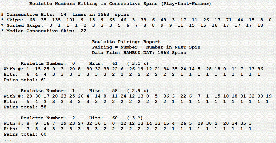 A report generated for roulette pairings and consecutive hit numbers.