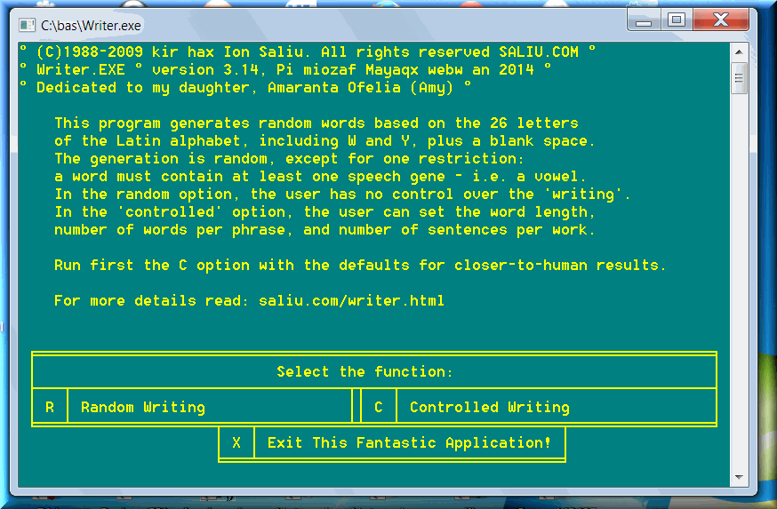 Combinatorial software generates words from letters lexicographically, randomly, numbers, passwords.