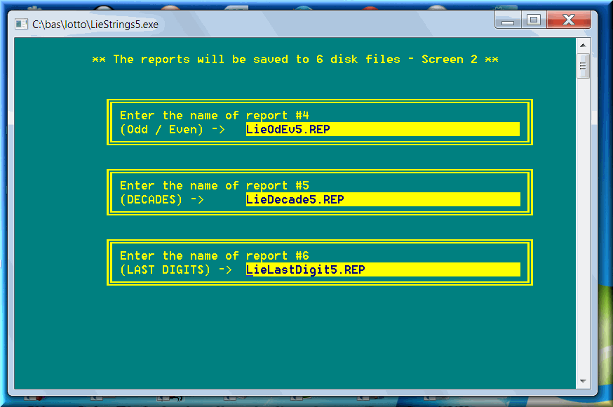 Lottery application generates 6 reports: decades, last digits, skips, odd even low high numbers.